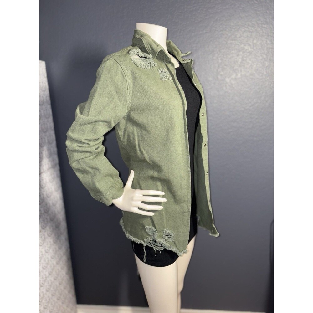 Womens Snap Button Front Shirt Shirt Jacket Size Small Olive Green Destroyed - Picture 4 of 10